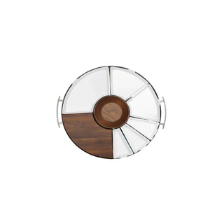 Christofle MOOD Round Serving Tray – Polished Steel with Walnut Detail