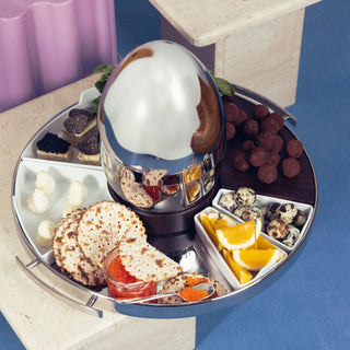 Christofle MOOD Round Serving Tray – Polished Steel with Walnut Detail