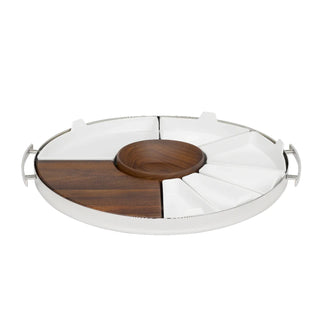 Christofle MOOD Round Serving Tray – Polished Steel with Walnut Detail