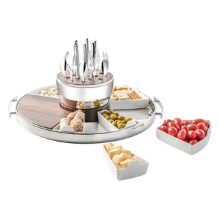 Christofle MOOD Round Serving Tray – Polished Steel with Walnut Detail